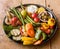 Colorful Grilled Vegetables and Olives on Iron Pan