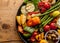 Colorful Grilled Vegetables and Olives on Iron Pan