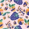 Colorful groovy fruits,  in a repeated pattern design