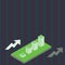 Colorful Growing Clustered 3D Bar Chart Graph Diagram Perspective. Two Arrows on Both Sides Pointing Up. Creative