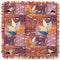 Colorful grunge striped and checkered carpet with floral pattern,birds and fringe