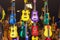 Colorful guitars hang inside the shop