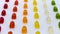 Colorful gummy bears, sweeet fruit jelly candies rows are moving vertically on the white background