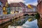 Colorful half-timbered facades in medieval town Colmar, Alsace,