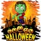 Colorful halloween cartoon greeting card with scary zombies.