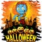 Colorful halloween cartoon greeting card with scary zombies.