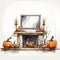 Colorful Halloween Fireplace Sketch Illustration In Ink Wash Style