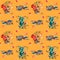 Colorful Halloween haunted houses watercolor seamless pattern isolated on orange