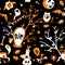 Colorful Halloween seamless vector dark background with owls, ghosts, bats, spiders, skulls and trees.