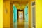 The colorful hallway interior empty with glass door