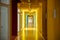 The colorful hallway interior empty with glass door