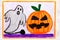 Colorful hand drawing: Cute Hallowen Pumpkin and Scary Ghost.