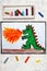 Colorful hand drawing: dragon spitting fire.