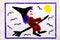 Colorful hand drawing: Old ugly witch flying on a broom