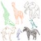 Colorful Hand Drawn African Animals and Birds. Doodle Drawings of Elephant, Zebra, Giraffe, Camel, Marabou and Secretary-bird.