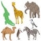 Colorful Hand Drawn African Animals and Birds. Doodle Drawings of Elephant, Zebra, Giraffe, Camel, Marabou and Secretary-bird. Fla