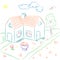 Colorful Hand Drawn Country House in Doodle Style. Children Drawings of House with Flowerbed and Birch
