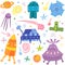 Colorful Hand Drawn Doodle Spaceships, Rockets, Falling Stars, Planets