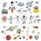 Colorful  hand drawn doodles cartoon set space objects. Space ships, rockets, planets, flying saucers, cosmonauts, stars,