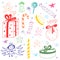 Colorful Hand Drawn Funny Doodle Christmas Set with Candies, Gifts, Candle, Stars and Snowflakes. Children Cute Drawings
