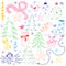 Colorful Hand Drawn Funny Doodle Christmas Symbols Set. Children Drawings of Fir Trees, Gift, Candle, Toys, Angel Stars