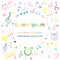 Colorful Hand Drawn Music Symbols. Colorful Doodle Treble Clef, Bass Clef, Notes and Lyre. Sketch Style