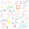 Colorful Hand Drawn Set of Music Symbols and Styles. Doodle Treble Clef, Bass Clef, Notes and Lyre. Lettering of Blues, Electron
