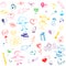 Colorful Hand Drawn Set of Valentine`s Day Symbols. Children`s Cute Drawings of Hearts, Gifts, Rings, Balloons and Kids.