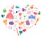 Colorful Hand Drawn Set of Valentine`s Day Symbols. Children`s Funny Doodle Drawings of Hearts, Gifts, Rings, Balloons