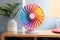 a colorful hand fan resting on a modern, sleek electric fan