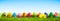 Colorful hand painted Easter eggs on grass. Banner, panoramic