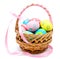 Colorful handmade easter eggs in the basket isolated