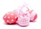 Colorful handmade easter eggs and pink chiken isolated