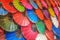 Colorful handmade paper umbrellas at traditional street market