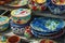 Colorful handmade porcelain pots and dishes