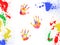 Colorful handprints and paint color blobs