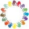 Colorful hands palms in circle shaped. Team, friendship, charity, volunteering, help, community support and social care