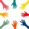 Colorful hands raised isolated vector illustration. Help and charity, volunteering, community support and social care
