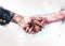 Colorful handshake business on watercolor illustration painting background, business teamwork concept.
