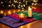 colorful handwoven kwanzaa mats with lit up kinara candles