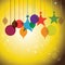 Colorful hanging baubles on orange yellow background - vector