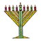 Colorful Hanukkah in the style of doodle. Triangular Chanukiah Chabad. Jewish holiday of Hanukkah. Hand draw.