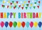 Colorful happy birthday candles. Rainbow garland of flags. Letters and balloons. Greeting card or invitation for a holiday.