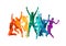 Colorful happy group people jump illustration silhouette. Cheerful man and woman isolated. Jumping fun friends background. Express