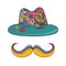 Colorful hat and mustache isolated on white. Drawing by hand.