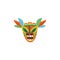 Colorful Hawaiian Tiki mask with angry expression and feather ornaments