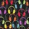 Colorful headphones on black, seamless pattern