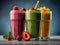 Colorful and healthy berry smoothies, milkshakes, cocktails with yogurt, fresh fruit, and berries on a blue background. Selective