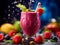 Colorful and healthy berry smoothies, milkshakes, cocktails with yogurt, fresh fruit, and berries on a dark background. Selective