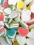 Colorful Heart shape Jelly Candy bonbon snack group. sweet for valentines day background. pastel color red blue green yellow pink